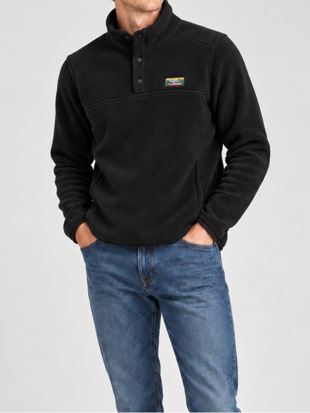 L.L.Bean Men’s Black Fleece Snap-Front Pullover Funnel Neck – XS